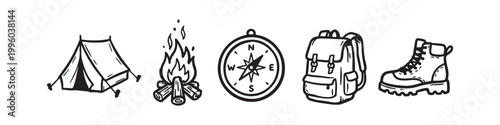 Set of camping and hiking equipment icons, doodle style illustration, summer adventure gear icons with tent, campfire, compass, backpack, and hiking boot on white background