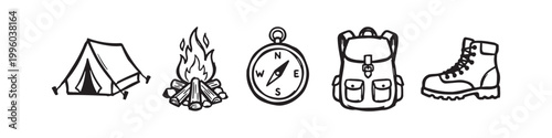 Camping and Hiking Equipment Icons Set - Hand Drawn Outline Style Vector Illustration of Outdoor Adventure Gear