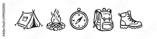 Set of Hand Drawn Camping and Hiking Equipment Icons Including Tent, Campfire, Compass, Backpack, and Hiking Boot