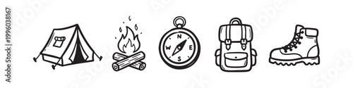 A professional set of camping and hiking icons featuring a boot, tent, campfire, backpack, and compasses in black silhouette and outline styles for outdoor adventure design.