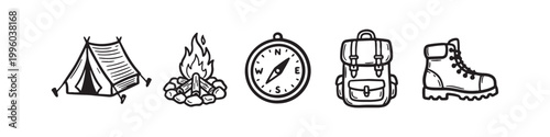 A professional set of camping and hiking icons featuring a boot, tent, campfire, backpack, and compasses in black silhouette and outline styles for outdoor adventure design.