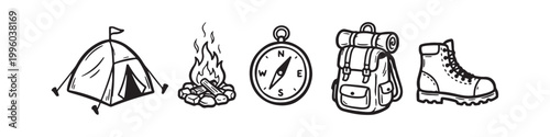 Set of Hand Drawn Camping and Hiking Equipment Icons: Tent, Campfire, Compass, Backpack, and Hiking Boot