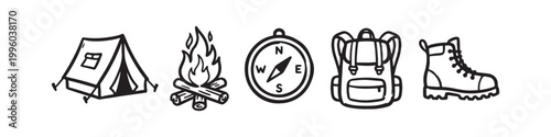 A professional set of camping and hiking icons featuring a boot, tent, campfire, backpack, and compasses in black silhouette and outline styles for outdoor adventure design.