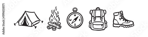 A professional set of camping and hiking icons featuring a boot, tent, campfire, backpack, and compasses in black silhouette and outline styles for outdoor adventure design.