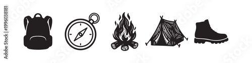A professional set of camping and hiking icons featuring a boot, tent, campfire, backpack, and compasses in black silhouette and outline styles for outdoor adventure design.