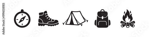 A professional set of camping and hiking icons featuring a boot, tent, campfire, backpack, and compasses in black silhouette and outline styles for outdoor adventure design.