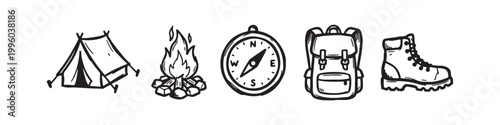 A professional set of camping and hiking icons featuring a boot, tent, campfire, backpack, and compasses in black silhouette and outline styles for outdoor adventure design.