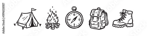 A professional set of camping and hiking icons featuring a boot, tent, campfire, backpack, and compasses in black silhouette and outline styles for outdoor adventure design.