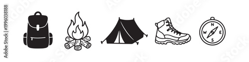 A professional set of camping and hiking icons featuring a boot, tent, campfire, backpack, and compasses in black silhouette and outline styles for outdoor adventure design.