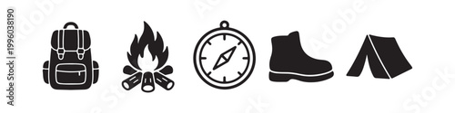 A professional set of camping and hiking icons featuring a boot, tent, campfire, backpack, and compasses in black silhouette and outline styles for outdoor adventure design.