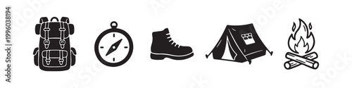 Collection of black and white camping icons including a backpack, compass, hiking boot, tent, and campfire. Hand-drawn silhouette style for outdoor adventure and travel themes.