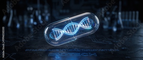 Neon Blue DNA Helix Capsule Concept on Dark Biotech Laboratory Background
