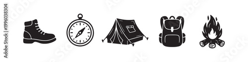 Black silhouette set of camping and hiking icons: hiking boot, compass, tent, backpack, and campfire. Minimalist flat design for outdoor travel, exploration, and adventure themes.