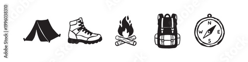 A set of five hand-drawn style camping and outdoor adventure icons featuring a tent, hiking boot, campfire, backpack, and compass, isolated on a white background.