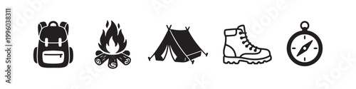 A set of five minimalist black and white icons representing camping and outdoor adventure gear: a backpack, campfire, tent, hiking boot, and compass. Vector illustration for travel design.