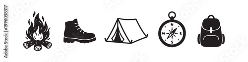 A collection of black and white silhouette icons for camping and outdoor activities, featuring a campfire, hiking boot, triangular tent, magnetic compass, and a travel backpack.