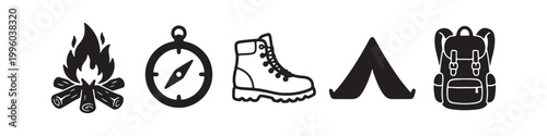 A collection of five black and white camping and hiking icons: a campfire, compass, boot, tent, and backpack. Minimalist flat design perfect for outdoor adventure and travel concepts.