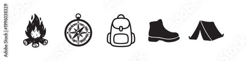 Set of black camping and hiking icons including a campfire, compass, backpack, hiking boot, and tent, isolated on a white background.