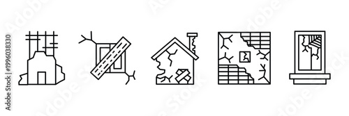 Haunted and Abandoned House Icon Set. Spooky Architecture Symbols