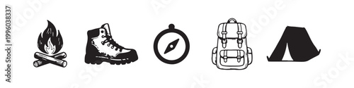 Hand-drawn set of black and white camping icons featuring a campfire, hiking boot, compass, backpack, and tent. Perfect for outdoor adventure and travel themes.