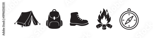 A collection of five black silhouette icons representing camping and outdoor activities, including a tent, backpack, hiking boot, campfire, and compass on a white background.