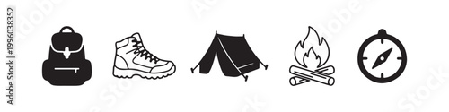 A set of minimalist black and white icons representing outdoor camping and hiking gear, including a backpack, boot, tent, campfire, and compass, isolated on a white background.