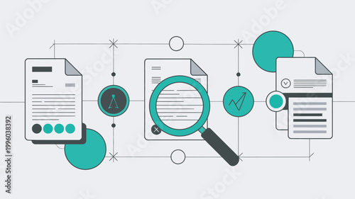 A graphic illustration of documents and a magnifying glass representing search and analysis