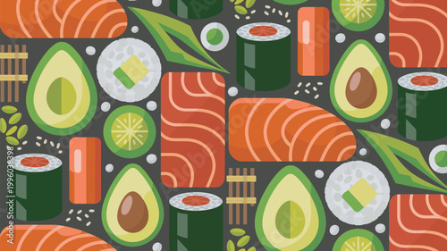 A vibrant illustration of various sushi rolls and sashimi pieces with avocado and lime on a dark background