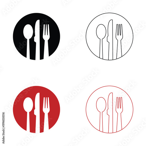 Table Setting Icons with Plate and Cutlery vector. Set of table setting icons showing plate, spoon, and fork in solid, outline, and colored styles for dining or restaurant concepts.