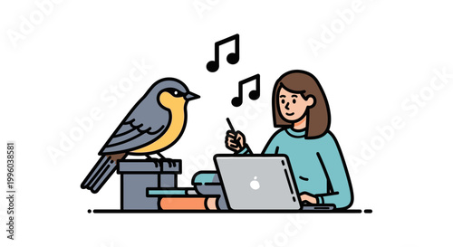 Woman Composes Music with Bird, Laptop, and Musical Notes.
