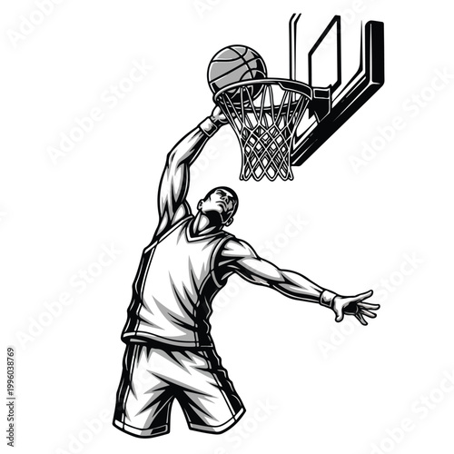 Dynamic monochrome illustration of a basketball player performing a powerful slam dunk into the hoop, captured mid-action against a clean white background with athletic intensity