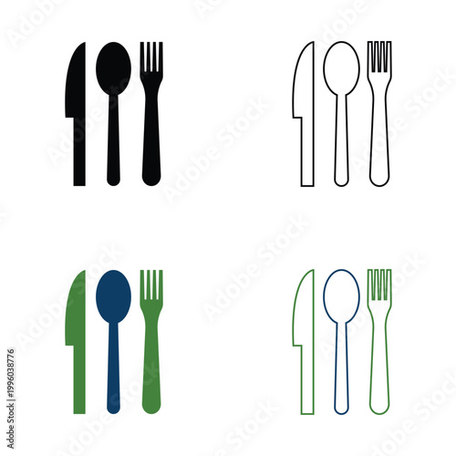 Table Setting Icons with Plate and Cutlery vector. Set of table setting icons showing plate, spoon, and fork in solid, outline, and colored styles for dining or restaurant concepts.