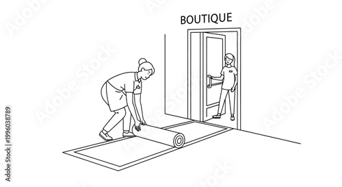 Woman Unrolling Rug in Boutique Entrance for Customer Service.