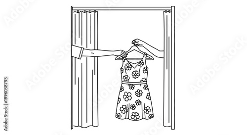 Womans Floral Dress Being Held on Hanger in Dressing Room.