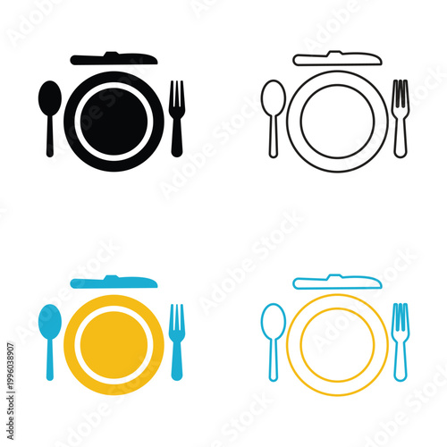 Table Setting Icons with Plate and Cutlery vector. Set of table setting icons showing plate, spoon, and fork in solid, outline, and colored styles for dining or restaurant concepts.