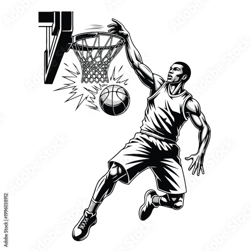 Dynamic black and white illustration depicts a muscular basketball player performing a powerful slam dunk into the hoop with intense focus and athleticism