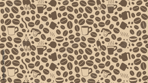 A seamless pattern of coffee beans and cups on a warm beige background