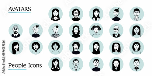 Collection of diverse cartoon avatars displayed in oval frames with minimalist design