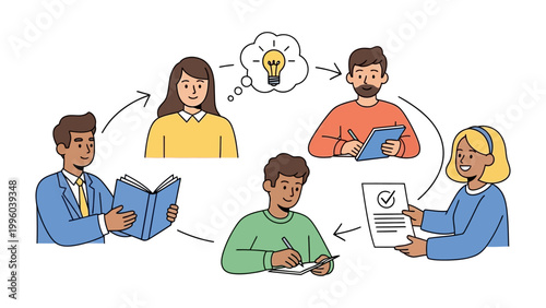 Εκτύπωση καμβά Ideas Circulating in a Collaborative Circle: A group of individuals is seen immersed in collaborative efforts, sharing ideas, reading, writing, and making decisions together