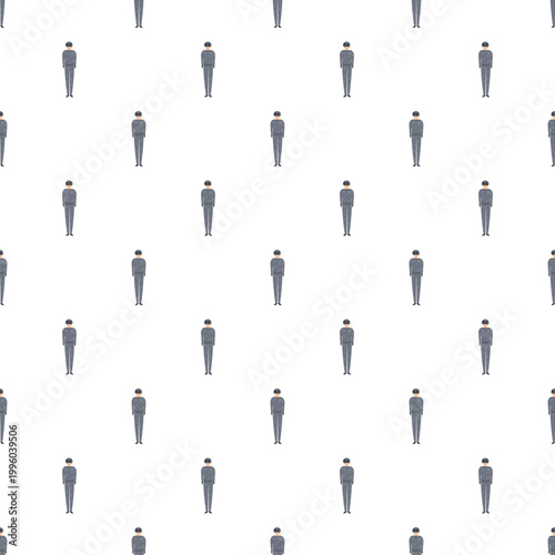 Identical people in work uniforms repeating across a white background