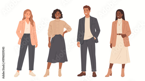 Diverse Smart Casual Fashion Four Standing Neutral Warm Tone Blazer Skirt Dress Flat Vector Illustration