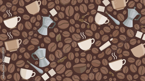 A vibrant illustration of coffee cups and beans on a dark brown background
