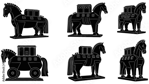 Ancient Horse-Drawn Carriage Silhouettes: Set of Six Vector Illustrations