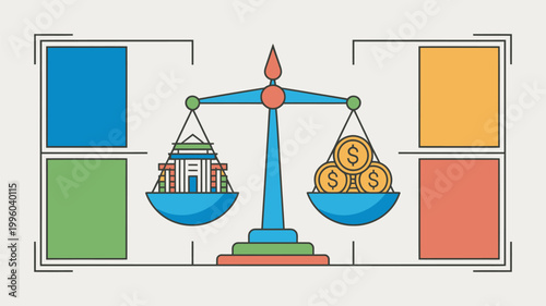 A colorful illustration of a scale balancing books and money on a white background with geometric shapes