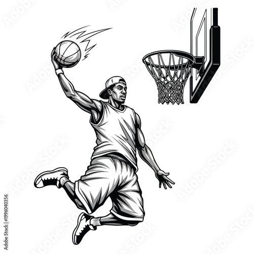 Dynamic black and white illustration of a skilled basketball player performing a powerful slam dunk with a flaming ball towards the hoop, captured mid-air
