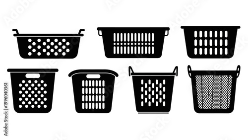Collection of Black Laundry Baskets Silhouettes on White Background