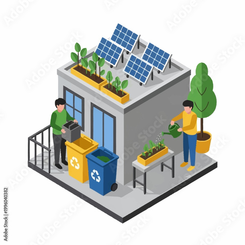 Sustainable Urban Living with Rooftop Garden and Solar Panels.