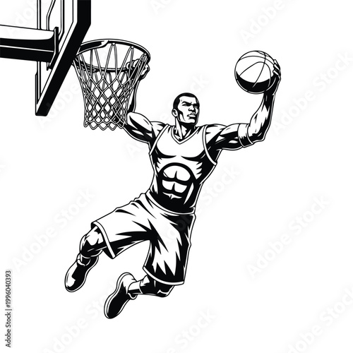 Dynamic black and white illustration of a muscular basketball player performing a powerful slam dunk over a white background with intense focus
