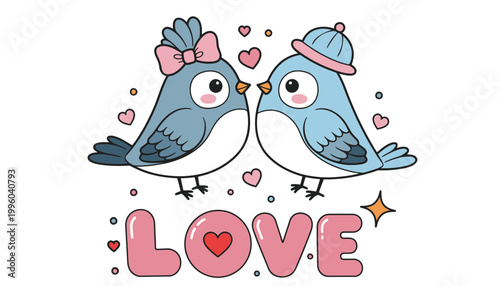 A cute cartoon illustration of two loving birds with the word love