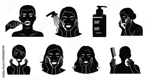 Personal hygiene and skincare routine black silhouettes for beauty care vector set.